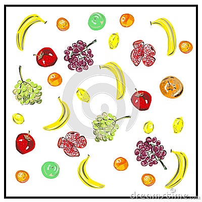 Pattern, a set of fresh fruits. Isolated image of fruit on a white background. Vegan. Vector Illustration